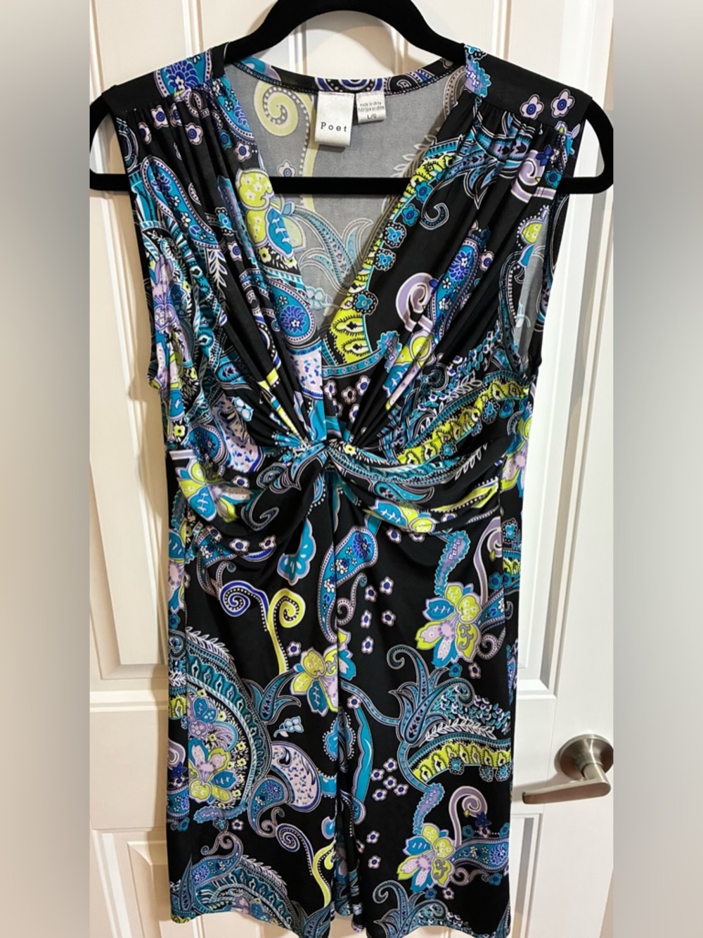 Poet Black Paisley Twist-Front Mini Dress with Blue & Lime Accents